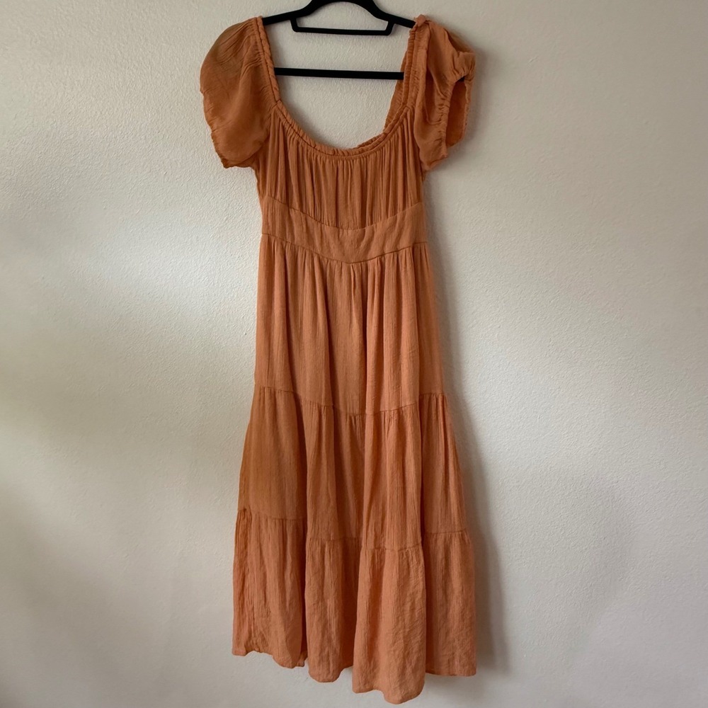 Coastal Prairie Tiered Smocked Puff Sleeve Peasant Midi Dress Womens L Orange